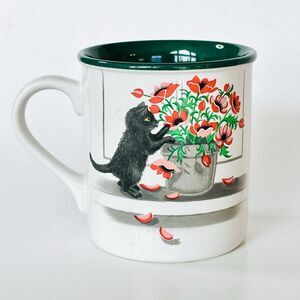 Vintage 1991 Kitten Cat Graphic Poppies Mug Coffee Cup Retro Double Sided Korea
